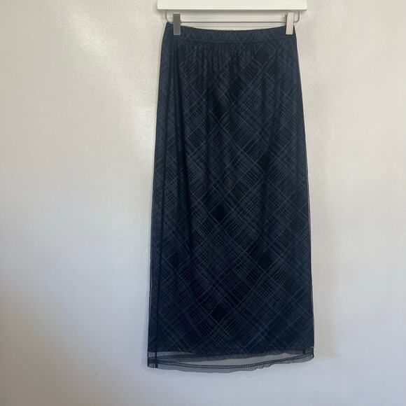 Dazy Shein Women's A-Line Sz M Navy Blue Check Mesh Stretch Midi Skirt Whimsgoth - Picture 2 of 9